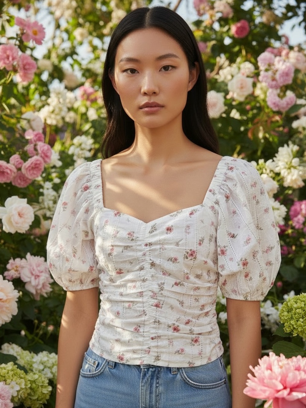 Ellison White Floral Puff-Sleeve Ruched Sweetheart Top NWT (P)